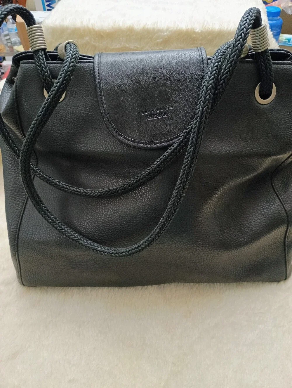 Vintage 90s Perry Ellis America Black Pebbled Tote Bag - Braided Straps